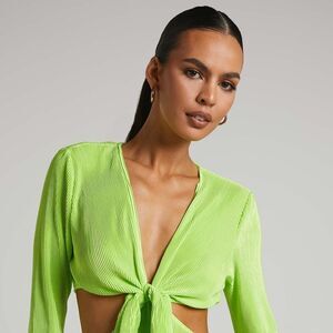 SHOWPO ELOWEN‎ PLISSE LONG SLEEVE TIE FRONT TOP IN LIME